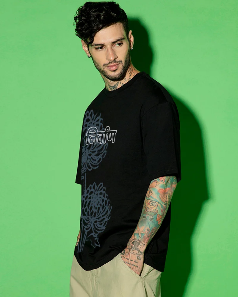 bewakoof Men's Jet Black Nirvan Graphic Printed Oversized T-shirt